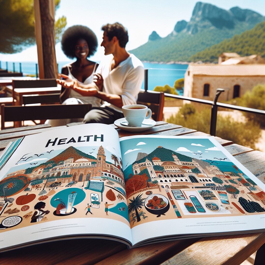 Un magazine ouvert sur une table de café en terrasse, en été, avec des illustrations de santé et voyage. En arrière-plan, des personnes souriantes discutent, et un paysage méditerranéen est visible.