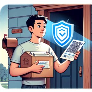 An illustration of a person receiving a suspicious letter with a QR code, with a shield icon representing protection of personal data. The setting is a typical home with a mailbox in the background.