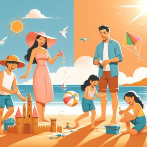 A serene summer scene with a family on a sunny beach, children playing, wearing sun hats and applying sunscreen. Illustrative of health and wellness during vacation.