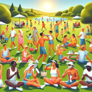 A serene summer scene with individuals enjoying outdoor activities, staying hydrated, and applying sunscreen, set against a sunny park with people of different ages engaged in healthy leisure.