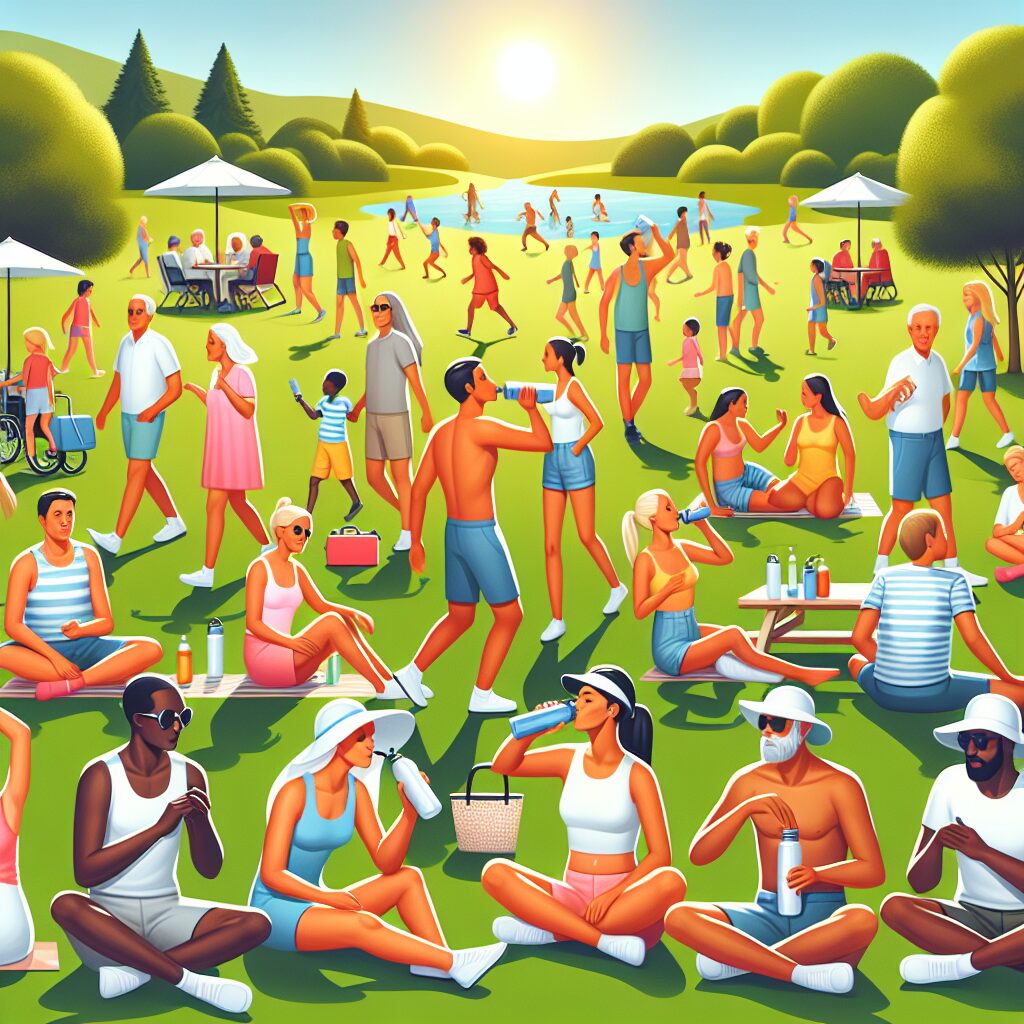 A serene summer scene with individuals enjoying outdoor activities, staying hydrated, and applying sunscreen, set against a sunny park with people of different ages engaged in healthy leisure.