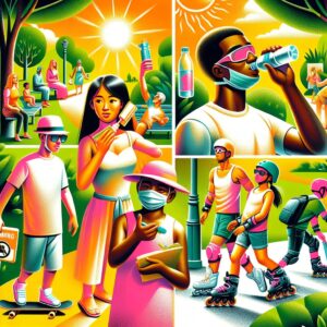 A summer scene showing various precautions against common health issues, such as wearing sunscreen, staying hydrated, using protective gear, and being aware of environmental allergens.