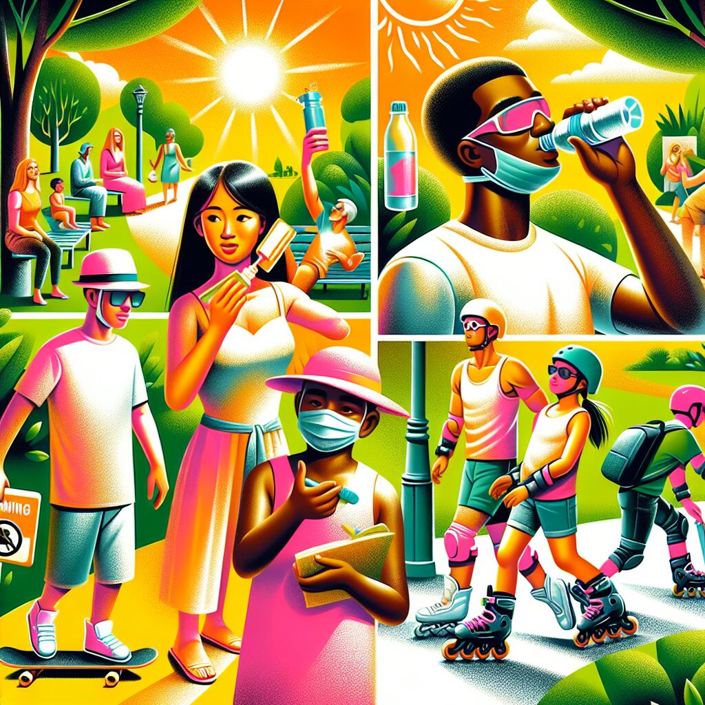 A summer scene showing various precautions against common health issues, such as wearing sunscreen, staying hydrated, using protective gear, and being aware of environmental allergens.
