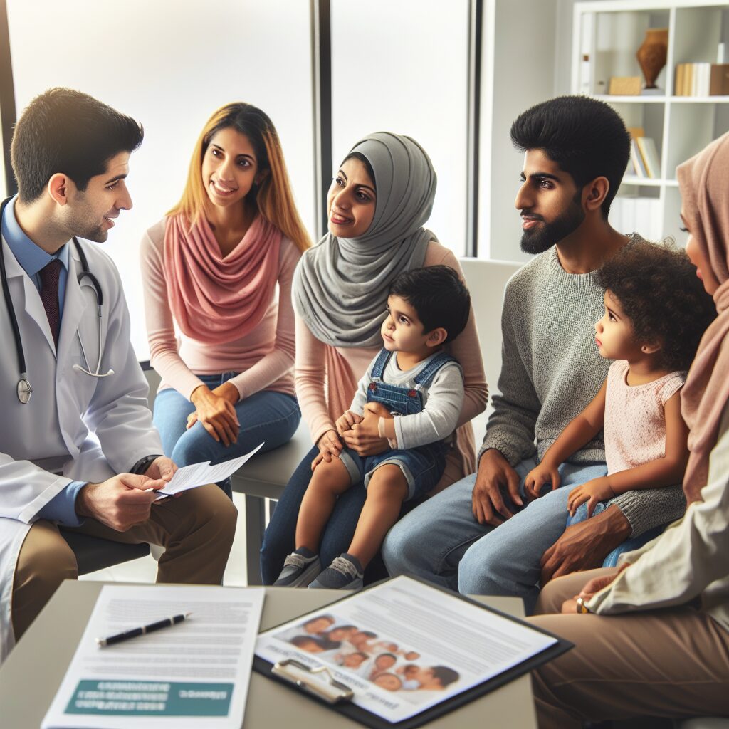 A diverse group of parents and children in a doctor's office, discussing the HPV vaccination, with a healthcare professional advising them. The image should convey warmth, trust, and informative atmosphere.
