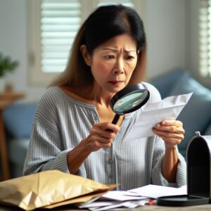 A concerned person holding a suspicious letter with a magnifying glass, symbolizing scrutiny and vigilance against fraudulent letters. The background shows a typical home environment with a mailbox and a stack of letters.