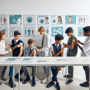 A diverse group of teenagers, with some wearing school uniforms, receiving HPV vaccinations in a modern, bright medical facility, surrounded by informative posters on HPV vaccination benefits.