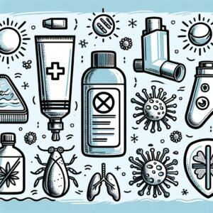A summer scene with symbols of health protection: sunscreen, asthma inhaler, allergy medications, a water bottle for staying hydrated, and illustrations of bacteria and viruses being blocked.