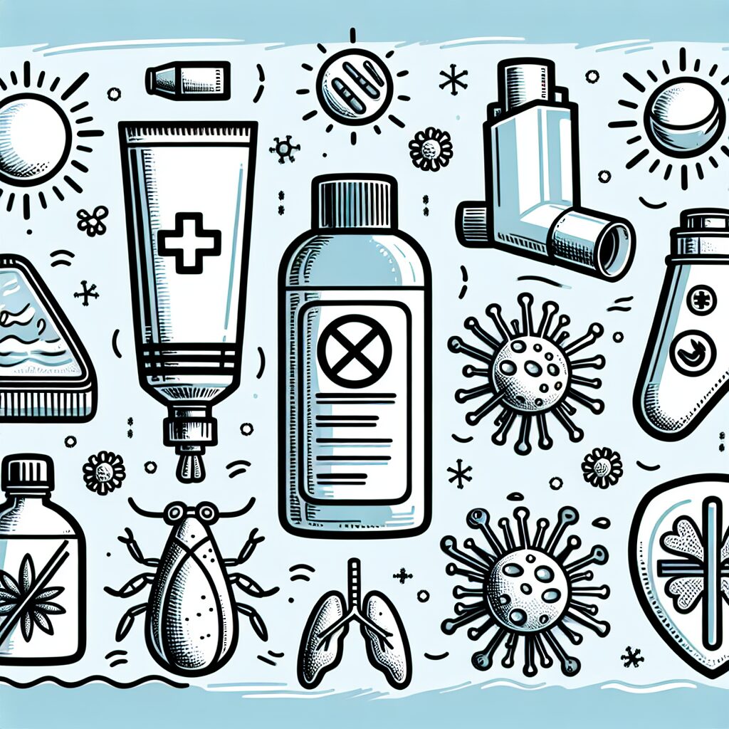 A summer scene with symbols of health protection: sunscreen, asthma inhaler, allergy medications, a water bottle for staying hydrated, and illustrations of bacteria and viruses being blocked.