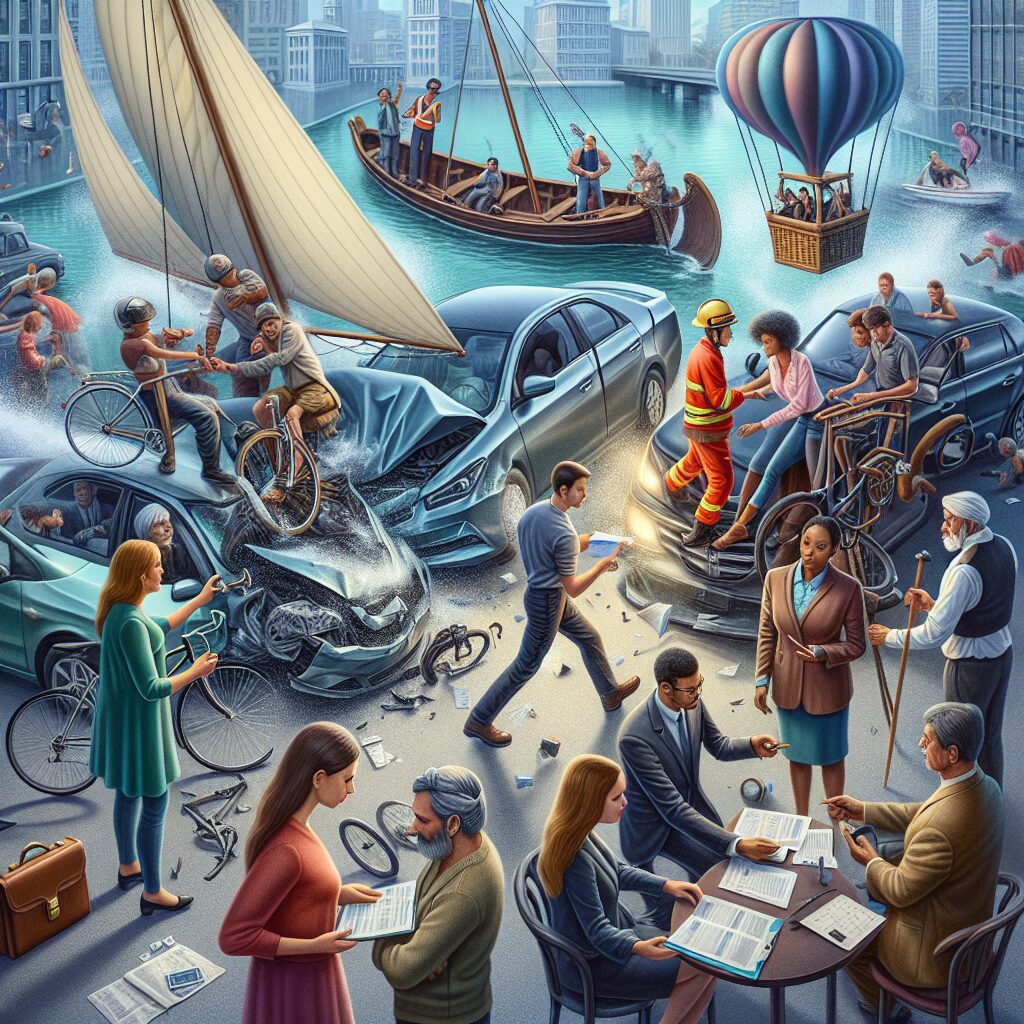 An illustration of an accident scene involving various modes of transport, with people communicating and completing paperwork for insurance claims. The setting is modern and dynamic, emphasizing cooperation and resolution.