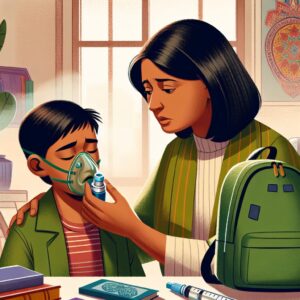 A worried parent looking after their child with asthma during school season, showing care and prevention, with school elements like a backpack and books in the background.