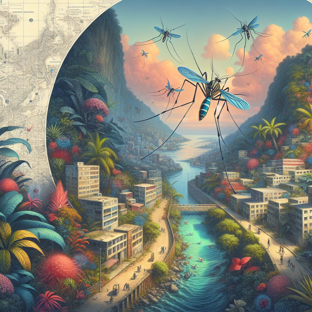 A detailed and informative illustration showing the spread of Oropouche virus, highlighting the mosquitoes as vectors, set against the backdrop of tropical landscapes in the French Antilles and Guyana. The image should convey a sense of urgency and scientific analysis, with elements of local flora and urban settings.