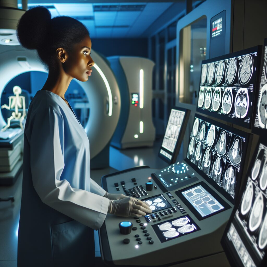 A radiologist at work, surrounded by advanced medical imaging equipment in a modern healthcare setting, depicting the high-tech nature of radiology.
