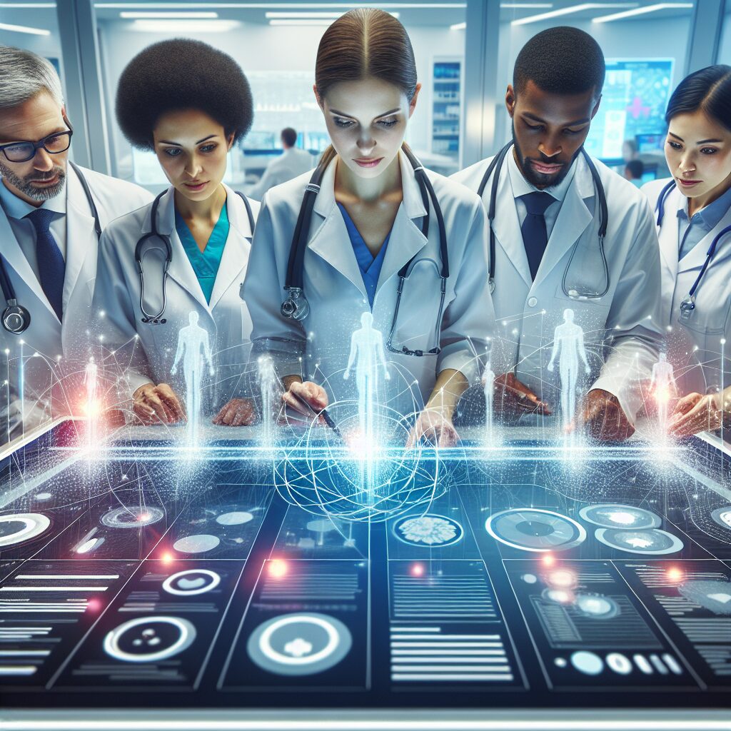 Image illustrating health professionals analyzing data on a large interconnected digital dashboard that represents various health interventions and prevention programs in a dynamic, modern healthcare setting.