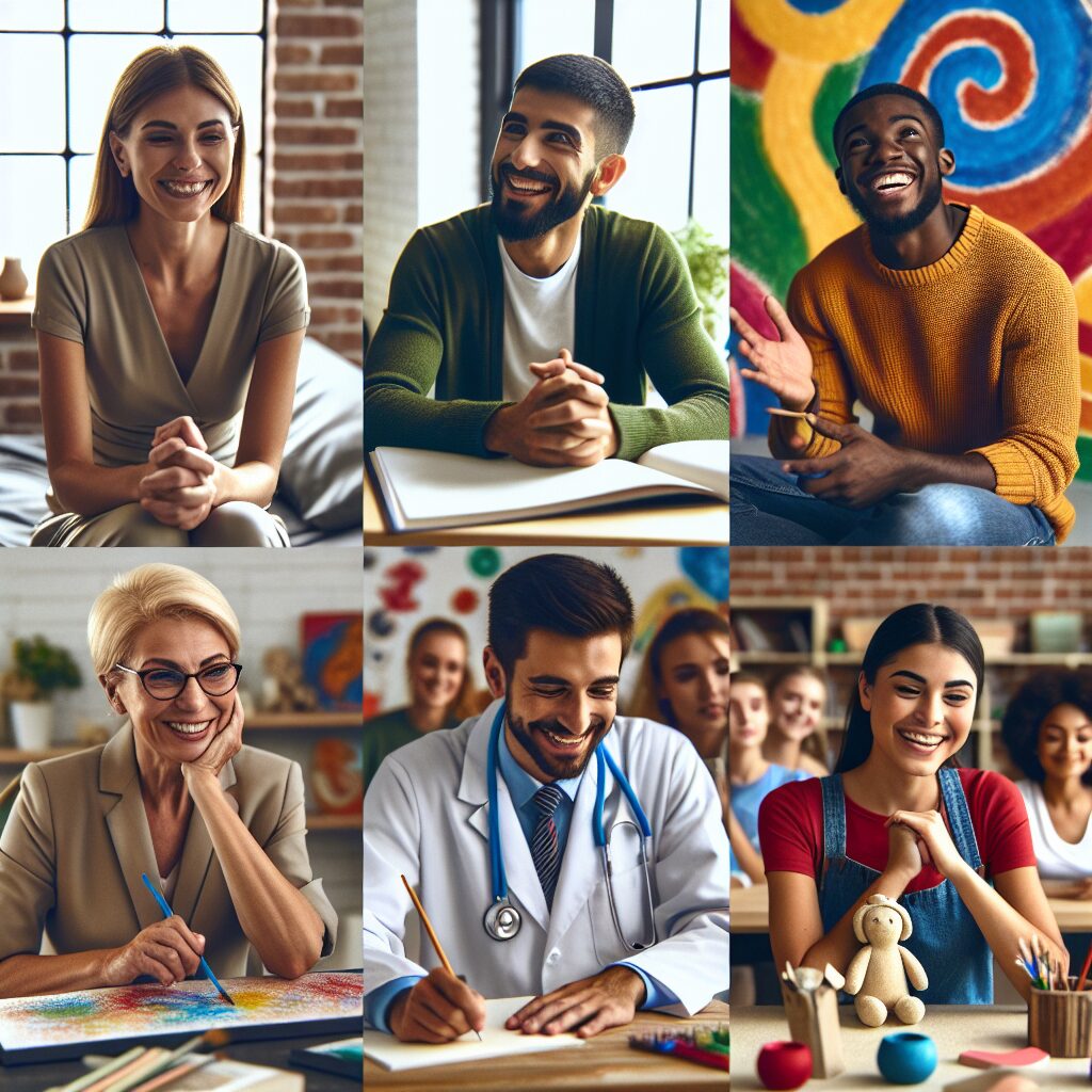 A diverse group of professionals appearing happy and fulfilled in their respective job settings, showcasing various occupations such as psychologist, dentist, artisan, and teacher. The image should capture a sense of contentment and purpose in a bright, inspiring environment.