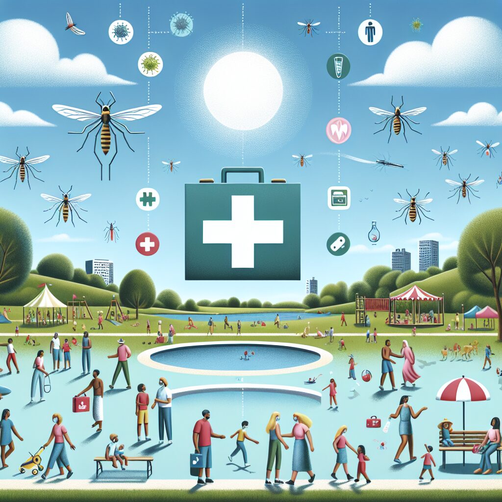 A sunny summer scene with various symbols representing health issues like small symbols of mosquitoes for diseases, a first aid kit, and people enjoying outdoor activities with precaution, set against a bright blue sky and a park.