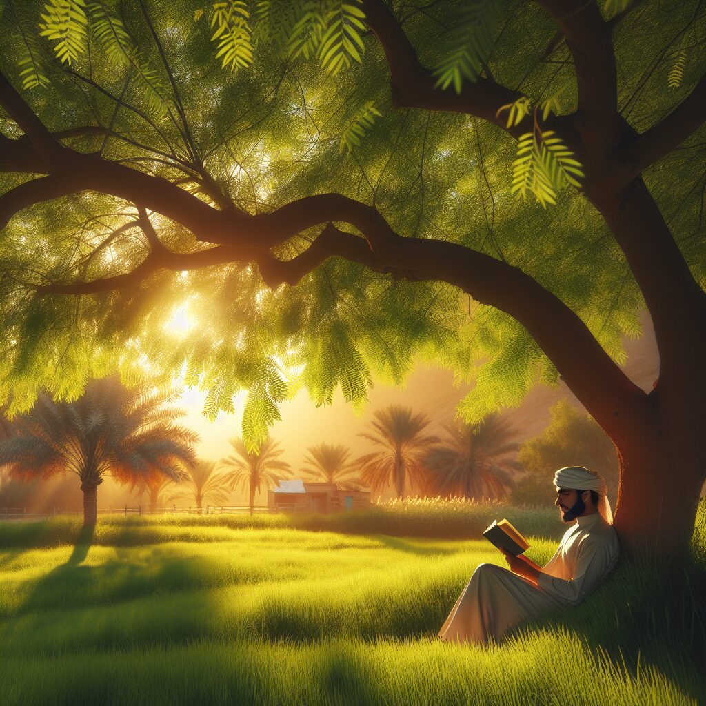 A serene summer landscape with a person sitting under a tree, reading a book, symbolizing calmness and mental peace during summer. Soft sunlight filters through the leaves, creating a peaceful atmosphere.