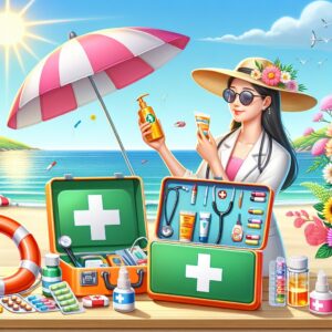 A vibrant summer scene, featuring elements symbolizing health and precaution: a person applying sunscreen, a medical kit with a stethoscope, colorful allergy medicine, a sun hat, and a serene beach background.