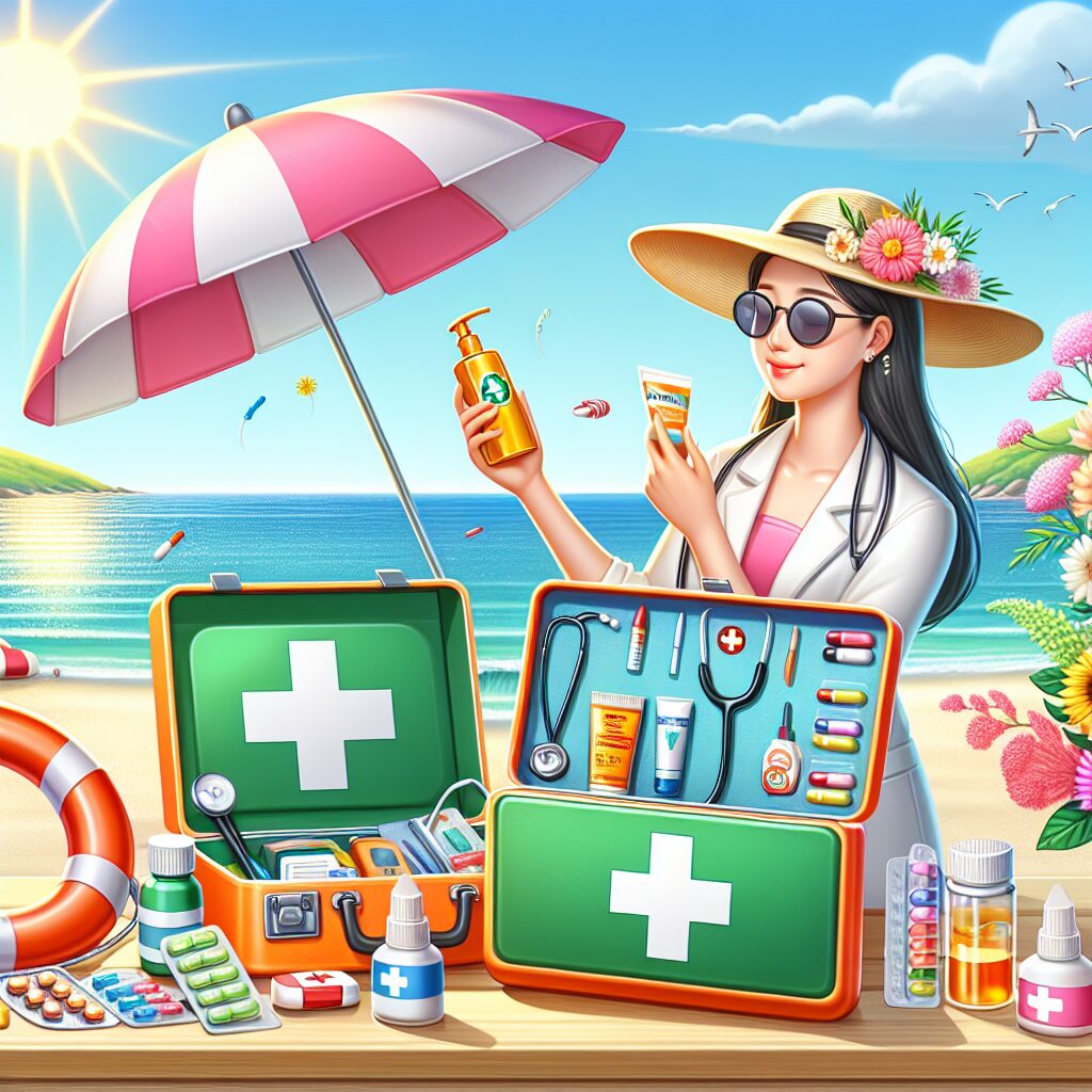A vibrant summer scene, featuring elements symbolizing health and precaution: a person applying sunscreen, a medical kit with a stethoscope, colorful allergy medicine, a sun hat, and a serene beach background.