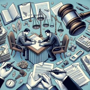 A visually compelling illustration representing a legal procedure following an accident, showing a victim and a third-party responsible, with emphasis on paperwork and legal symbols like balance scales.