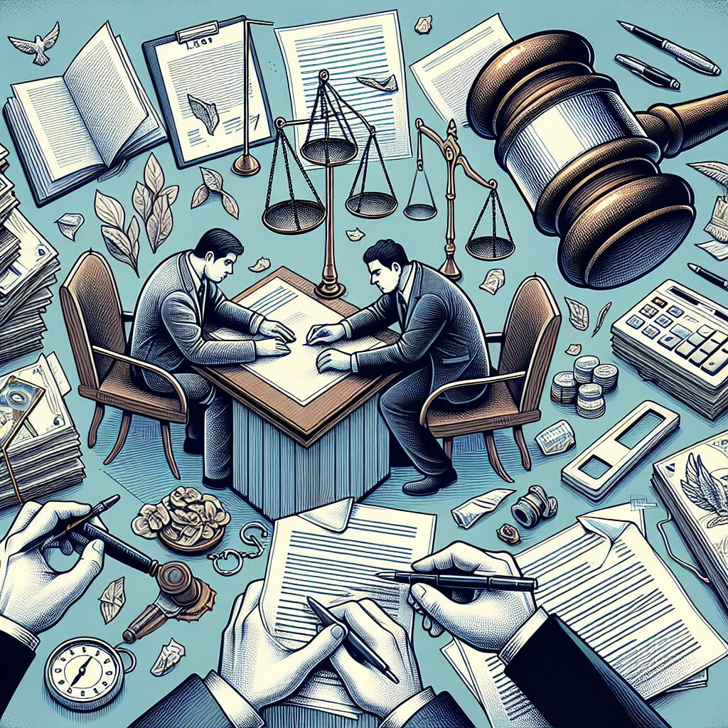 A visually compelling illustration representing a legal procedure following an accident, showing a victim and a third-party responsible, with emphasis on paperwork and legal symbols like balance scales.