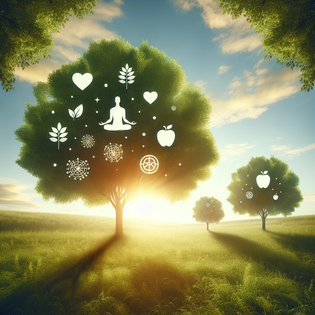 A serene summer landscape with gentle sunlight streaming through trees, symbolizing mental peace and well-being, with abstract icons of mindfulness and health floating softly around.
