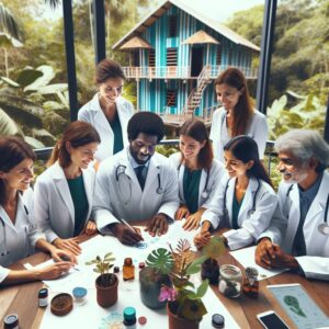 A diverse group of scientists and healthcare professionals gathered around a table, analyzing data and discussing in a tropical setting representing French Guiana's rich ecosystem and cultural diversity.