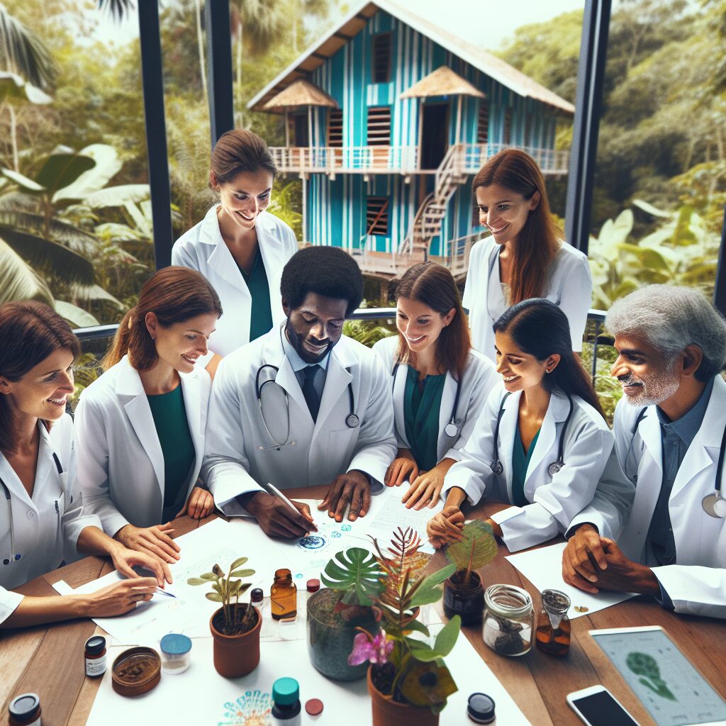 A diverse group of scientists and healthcare professionals gathered around a table, analyzing data and discussing in a tropical setting representing French Guiana's rich ecosystem and cultural diversity.