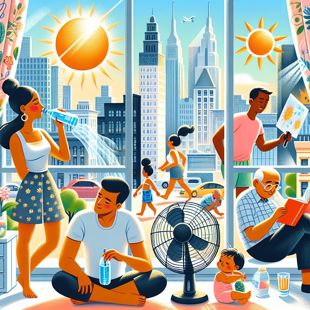 A summer scene showing people following heatwave safety tips: drinking water, staying indoors, using fans, and covering windows, set in a sunny urban environment.