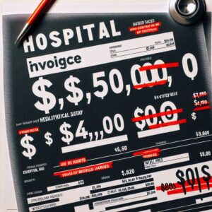 An illustration showing a hospital bill with exaggerated costs, emphasizing the problem of overcharging in the healthcare system. The bill shows a high amount for a very short hospital stay, creating a sense of disbelief.