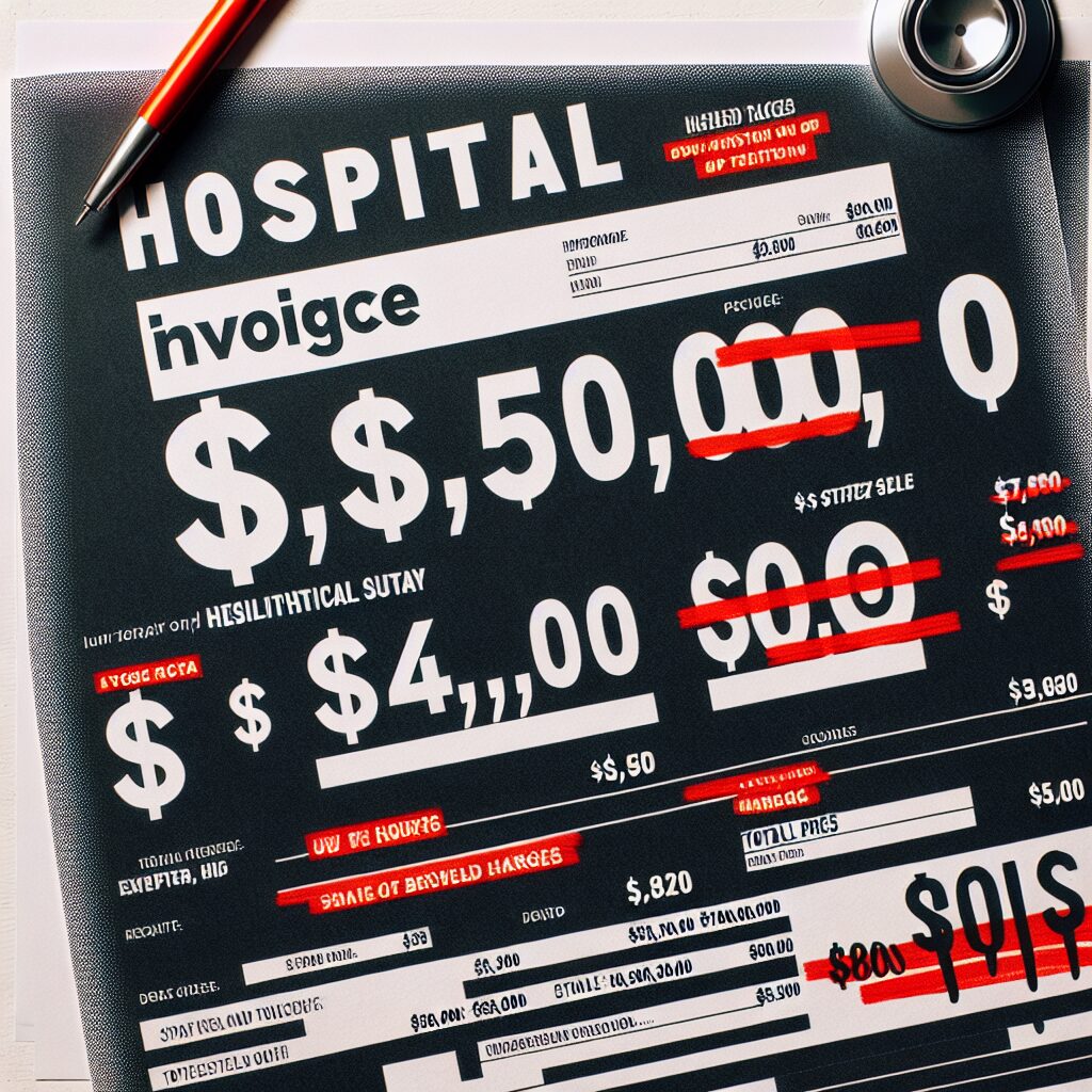 An illustration showing a hospital bill with exaggerated costs, emphasizing the problem of overcharging in the healthcare system. The bill shows a high amount for a very short hospital stay, creating a sense of disbelief.
