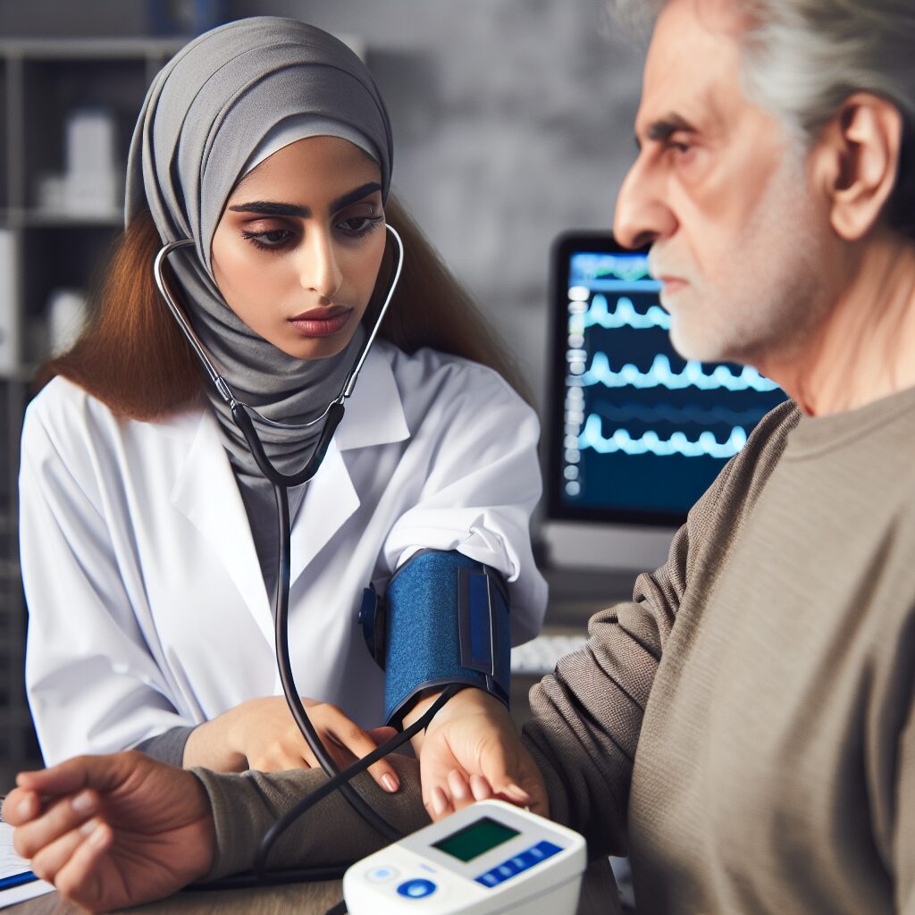 An image depicting a healthcare professional using an electronic blood pressure monitor on a patient, with medical equipment in the background, showing a concerned patient and attentive doctor.