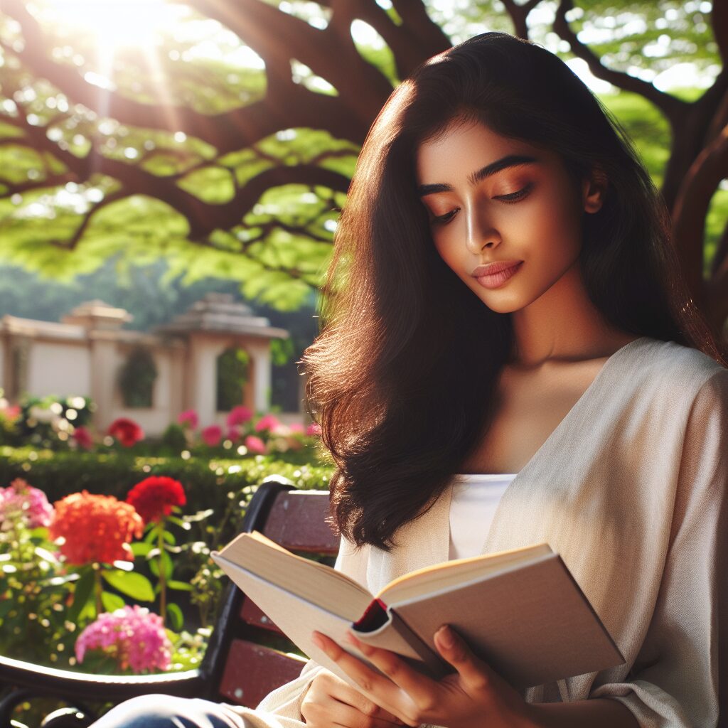 Une personne assise dans un parc ensoleillé, lisant un livre, entourée de nature, avec une expression sereine et détendue, représentant le bien-être mental en été.