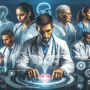 An image depicting a dynamic and modern health prevention concept, illustrating a futuristic digital interface with diverse healthcare professionals analyzing data and strategies, symbolizing innovation and scientific rigor in public health.