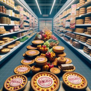 Image of a variety of quiches, tarts, pizzas displayed in a grocery store setting. Some items are marked with a red 'recall' stamp to indicate the health alert. The atmosphere should be tense to reflect a sense of emergency in consumer safety.
