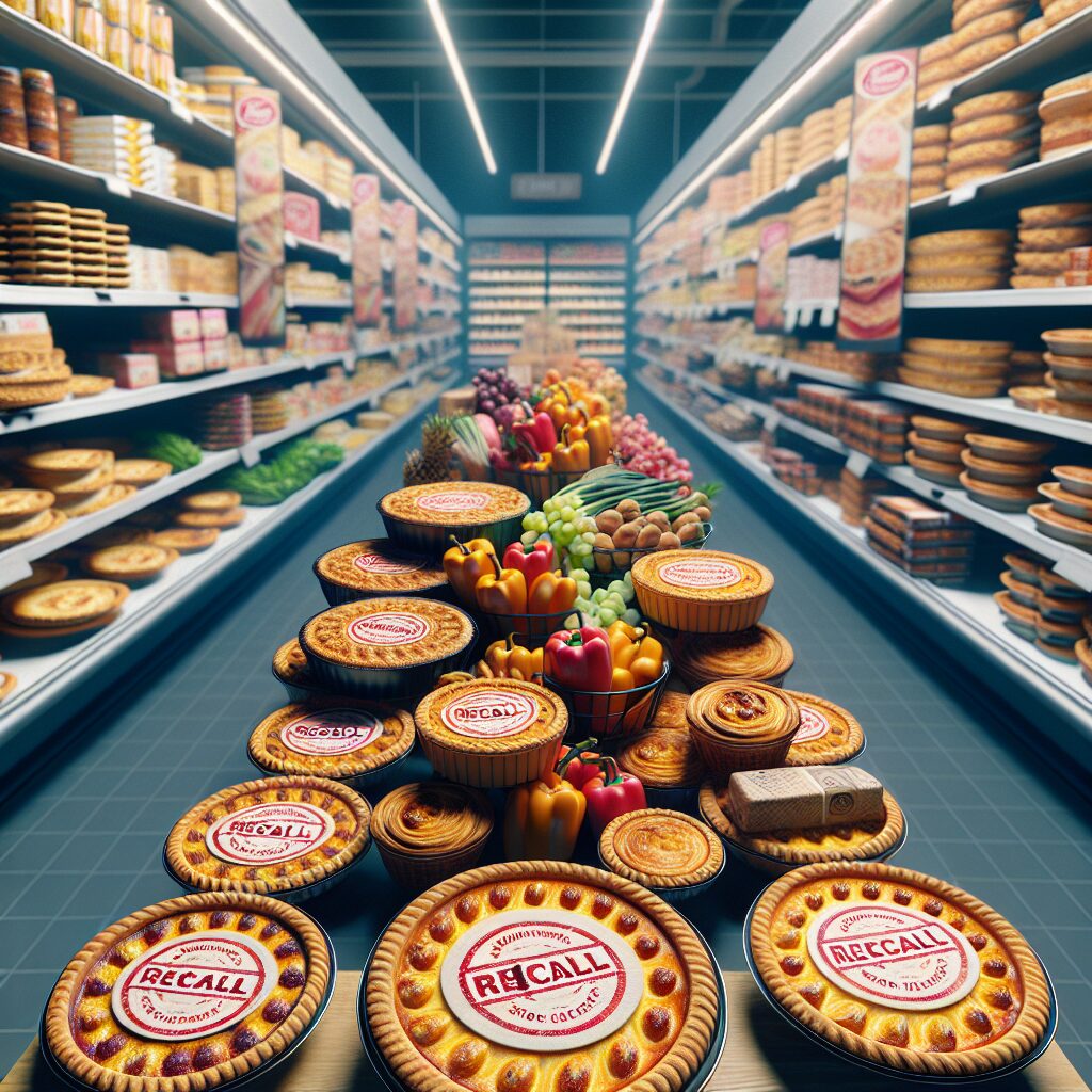 Image of a variety of quiches, tarts, pizzas displayed in a grocery store setting. Some items are marked with a red 'recall' stamp to indicate the health alert. The atmosphere should be tense to reflect a sense of emergency in consumer safety.