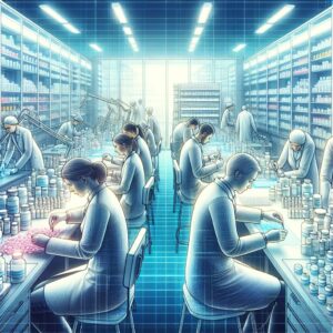 An illustration of a pharmaceutical laboratory with scientists working on essential medicine production, ensuring continuous supply of medications, with a background of medicine bottles and laboratory equipment.
