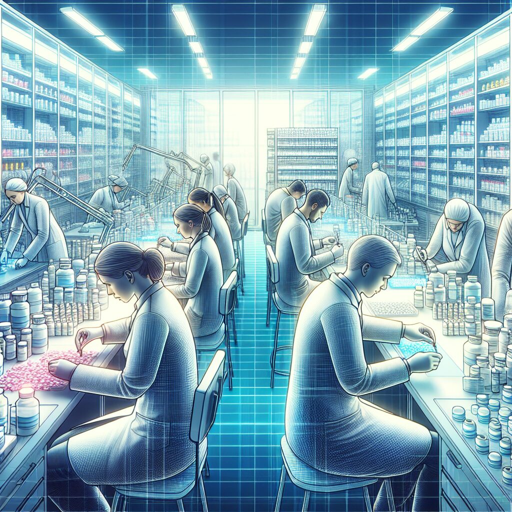 An illustration of a pharmaceutical laboratory with scientists working on essential medicine production, ensuring continuous supply of medications, with a background of medicine bottles and laboratory equipment.