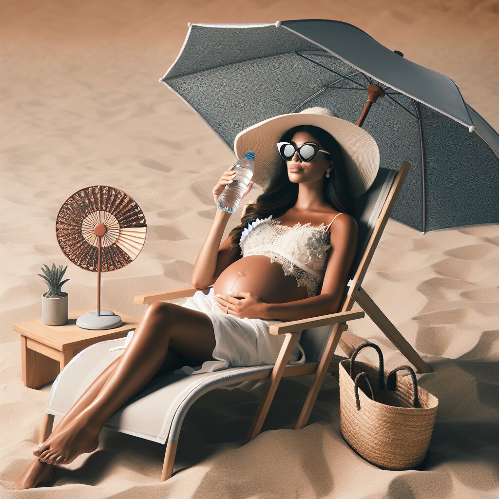 A pregnant woman relaxing under a sunshade on a beach, drinking water, with a fan nearby and wearing a wide-brimmed hat and sunglasses, emphasizing safe sun exposure during summer.