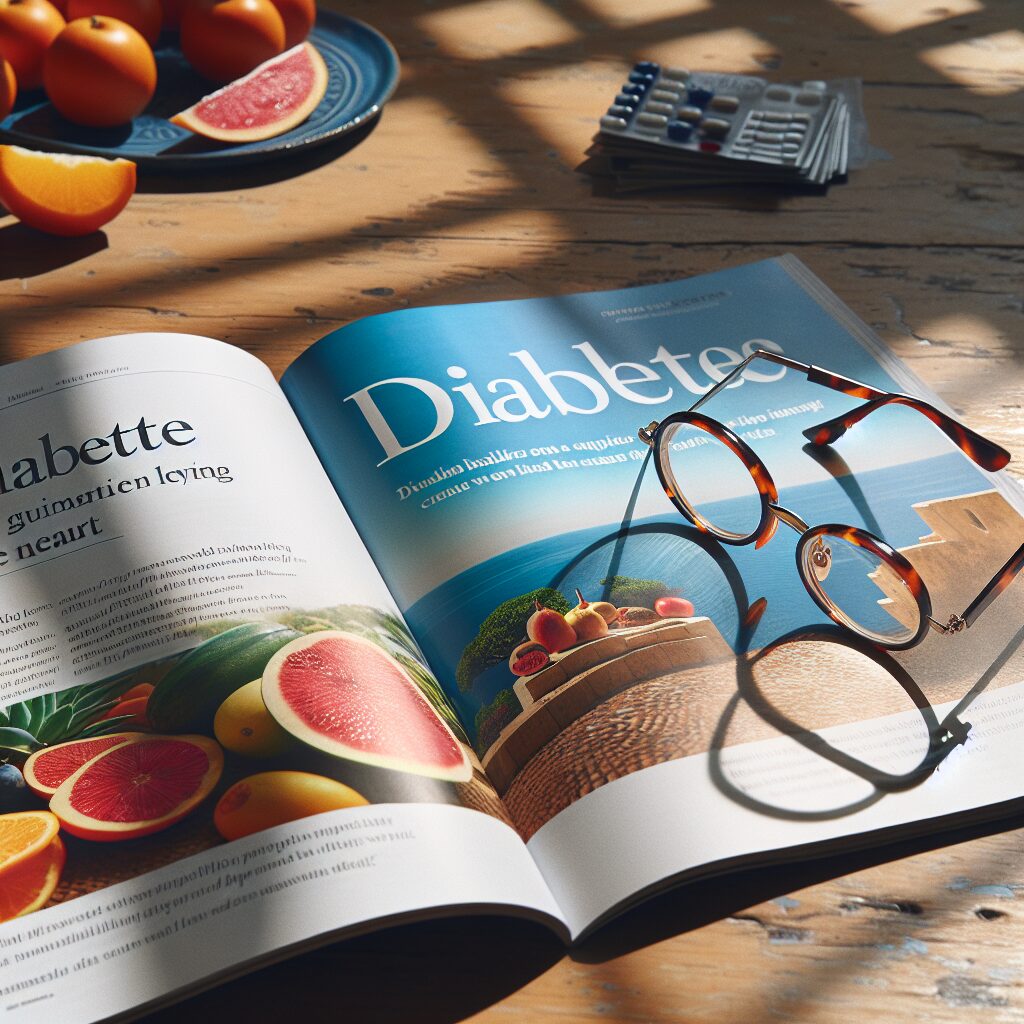 Un magazine ouvert sur une table en bois, avec des lunettes de lecture à côté, le tout baigné dans la lumière naturelle de l'après-midi. Le magazine affiche des articles sur le diabète et la santé estivale, avec des images de fruits et de paysages méditerranéens.