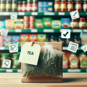 Image d'une boîte de thé posée sur une table, avec un fond flou de produits de supermarché, et des étiquettes de rappel accrochées.