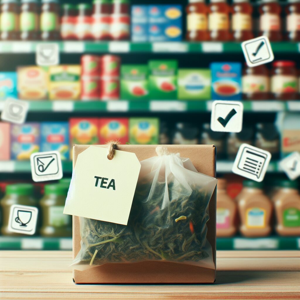 Image d'une boîte de thé posée sur une table, avec un fond flou de produits de supermarché, et des étiquettes de rappel accrochées.