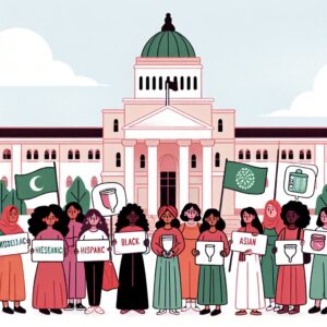 A scene depicting a diverse crowd of women advocating for menstrual health rights, holding signs demanding government action on reusable menstrual products reimbursement. In the background, a government building symbolizing the authorities, with a subtle focus on eco-friendly menstrual products like menstrual cups and reusable panties.