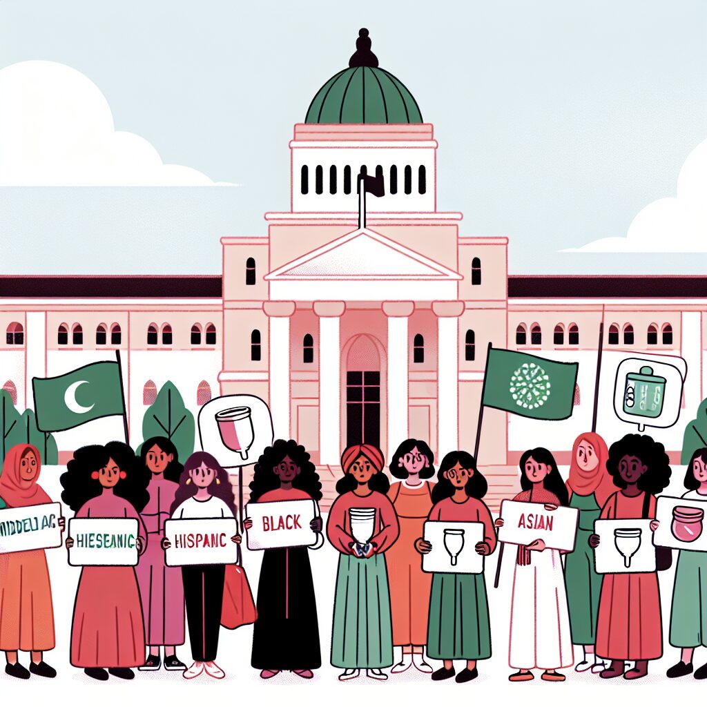 A scene depicting a diverse crowd of women advocating for menstrual health rights, holding signs demanding government action on reusable menstrual products reimbursement. In the background, a government building symbolizing the authorities, with a subtle focus on eco-friendly menstrual products like menstrual cups and reusable panties.