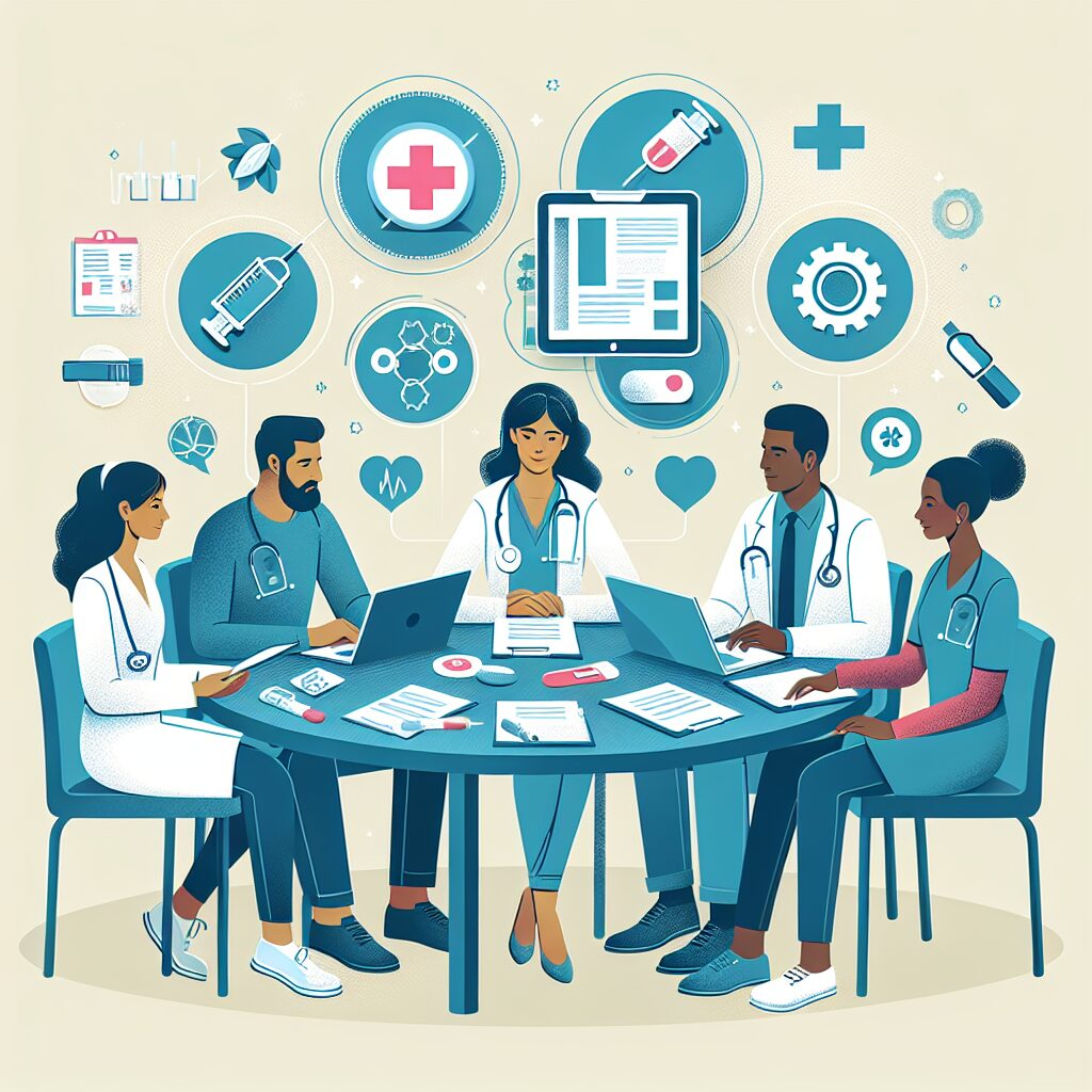 Une illustration montrant des professionnels de santé discutant autour d'une table avec des outils digitaux et des documents, symbolisant la coopération et l'innovation en prévention de santé.