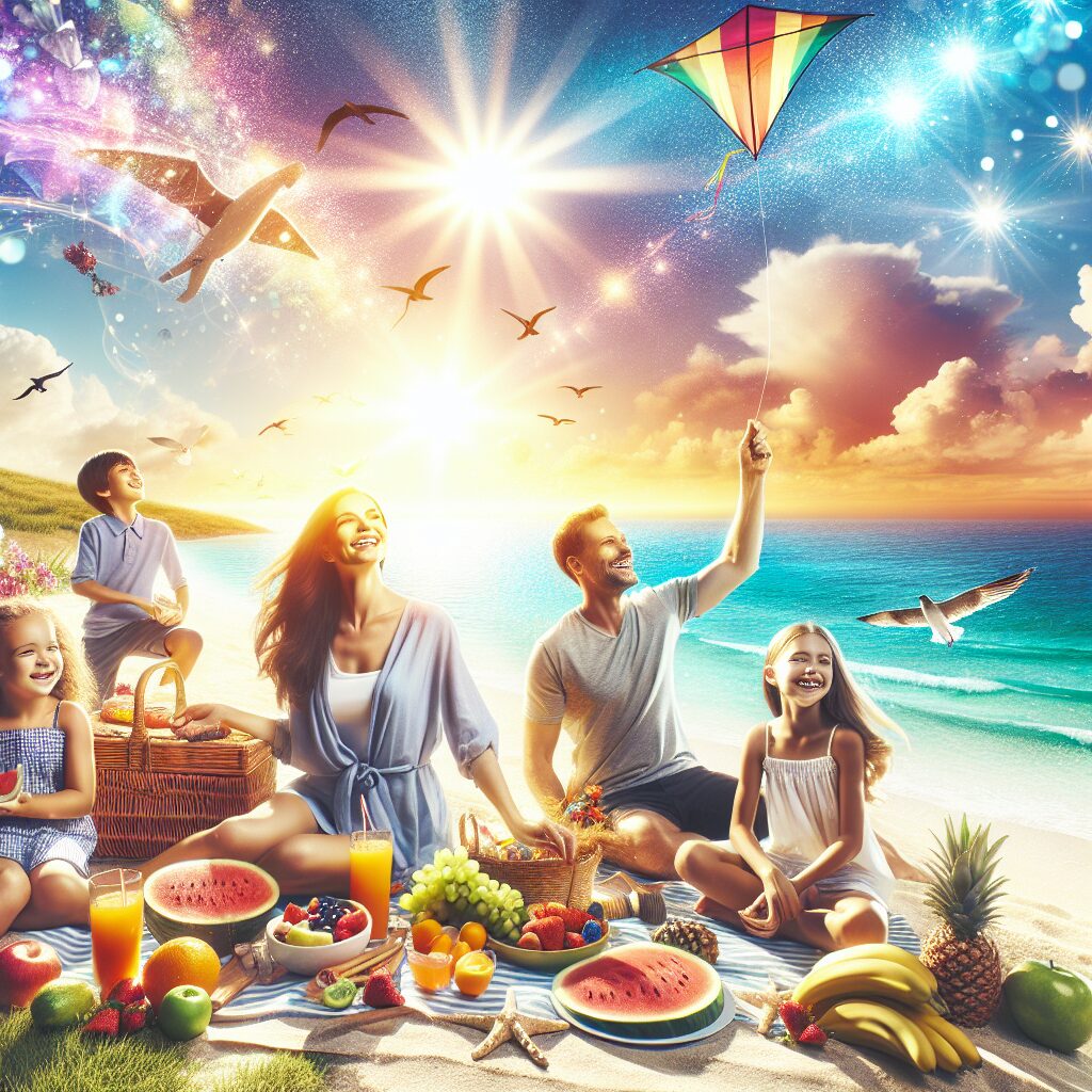 A vibrant summer scene showing a family enjoying outdoor activities, with elements like the sun, beach, and picnic items symbolizing health and happiness, in a bright and cheerful style.