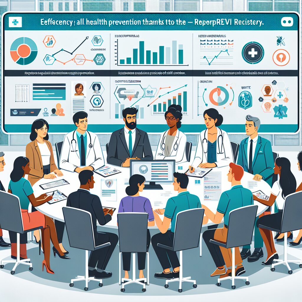 Une illustration représentant des professionnels de santé publique en discussion autour d'une table, examinant des graphes et des rapports sur un écran, symbolisant l'efficacité de la prévention en santé grâce au registre ReperPrev.