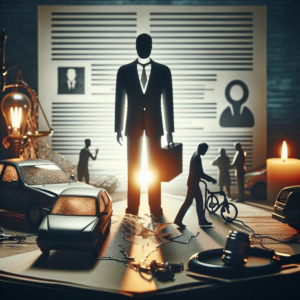 A symbolic image of an accident scene with a car and a pedestrian, illustrating the concept of third-party liability and legal recourse. Moody lighting underscores the seriousness, with subtle imagery of insurance documents in the background.