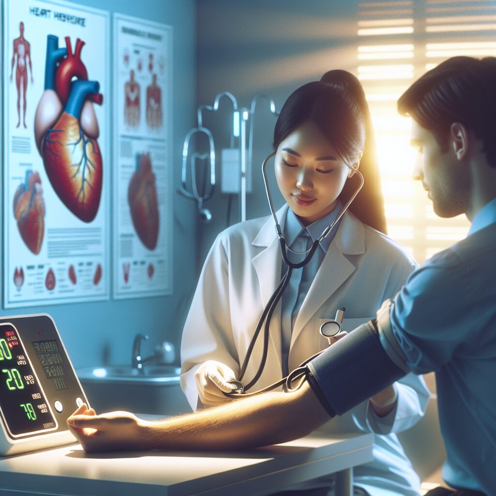 A medical setting with a doctor using a digital blood pressure monitor on a patient of diverse backgrounds. The room is bright, with medical posters related to heart health on the walls, and a calm, reassuring atmosphere.