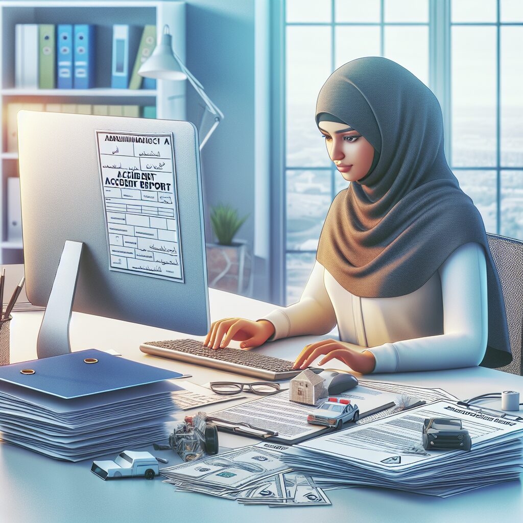 Une scène illustrant un individu remplissant un formulaire de déclaration d'accident avec son ordinateur, entouré de documents d'assurance et de santé, dans un cadre administratif moderne et serein.