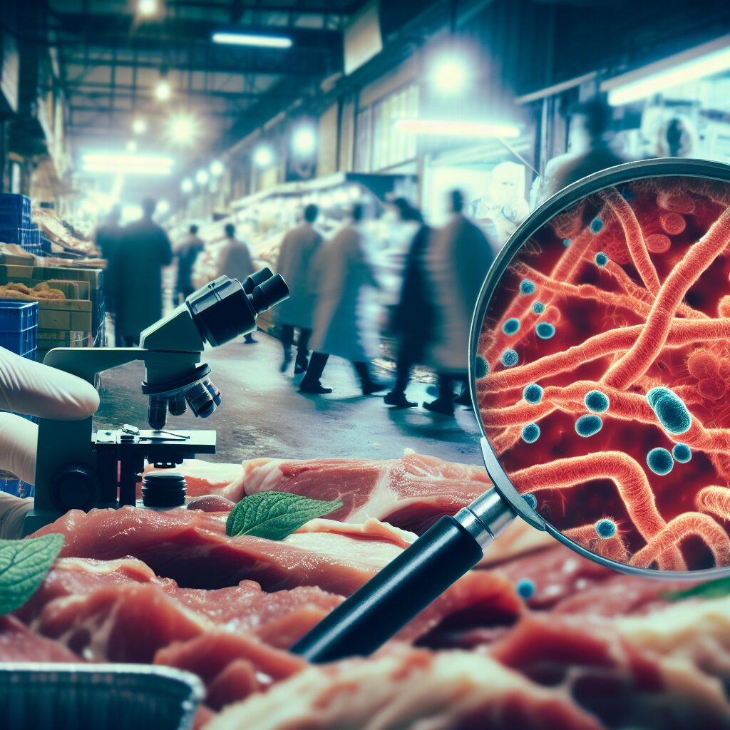 An investigative scene in a food market, focusing on raw meat with a microscopic view of E. coli bacteria, in a serious and informative style, with the mood of thorough investigation and urgency.